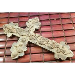 Vintage Gray Distressed Stone-Look Cross with Grapes & Vines 12.5"x8.25"